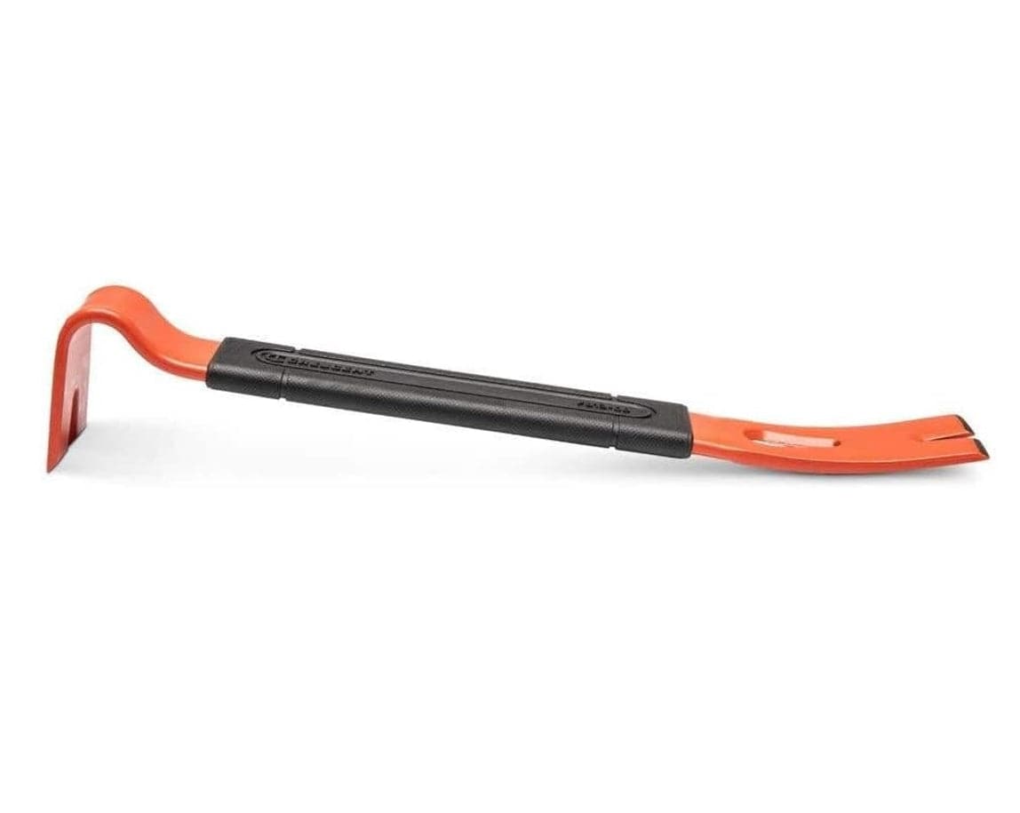 Side profile view of the flat pry bar resting on a white background, showcasing the rocker head design for leverage and the dual-material handle.