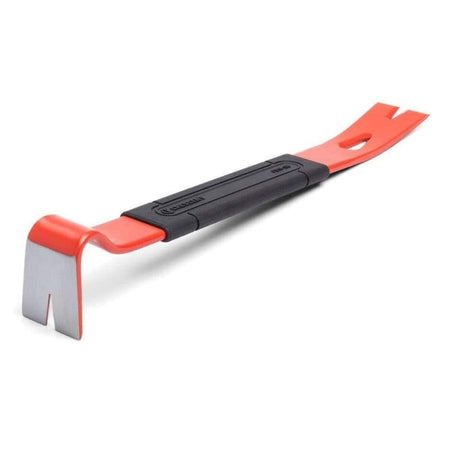 A professional studio product shot of the Crescent FB15-06 15-inch flat pry bar featuring a rawhide red finish, a black over-molded comfort grip, and precision ground edges for demolition and wrecking work.