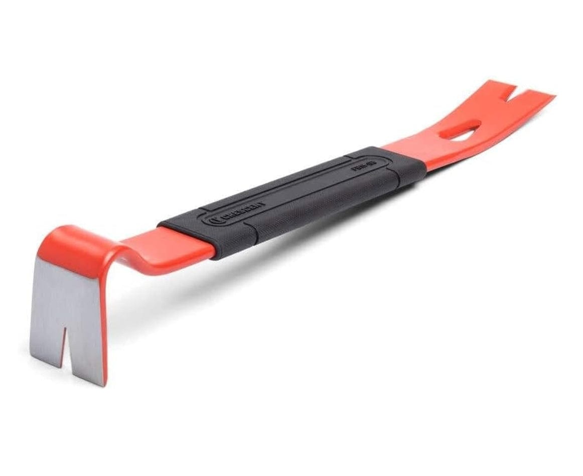 A professional studio product shot of the Crescent FB15-06 15-inch flat pry bar featuring a rawhide red finish, a black over-molded comfort grip, and precision ground edges for demolition and wrecking work.