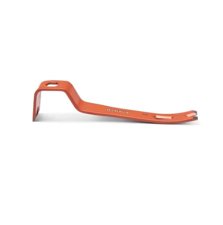 Side profile view of the Crescent FB5 5-1/4 inch mini pry bar featuring a high-visibility rawhide finish, a 10mm hexagonal bolt hole, and a curved leverage head.