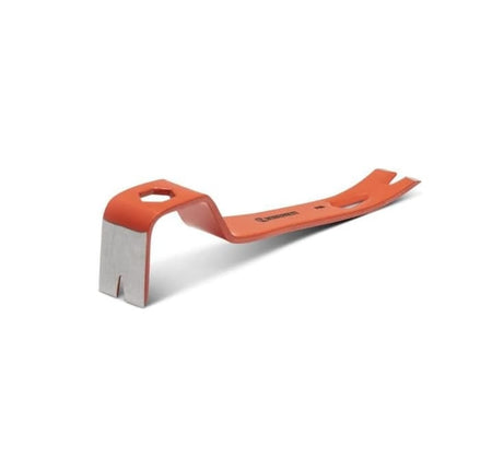 Angled view of the Crescent compact alloy steel mini pry bar showcasing the precision ground flat prying tip and the integrated 10mm hex fitting.