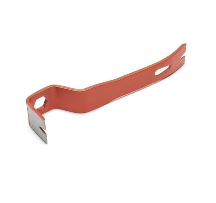 Top-down angled view of the Crescent FB5 mini pry bar highlighting the slim profile and the V-notch nail puller slot on the curved end of the hand tool.