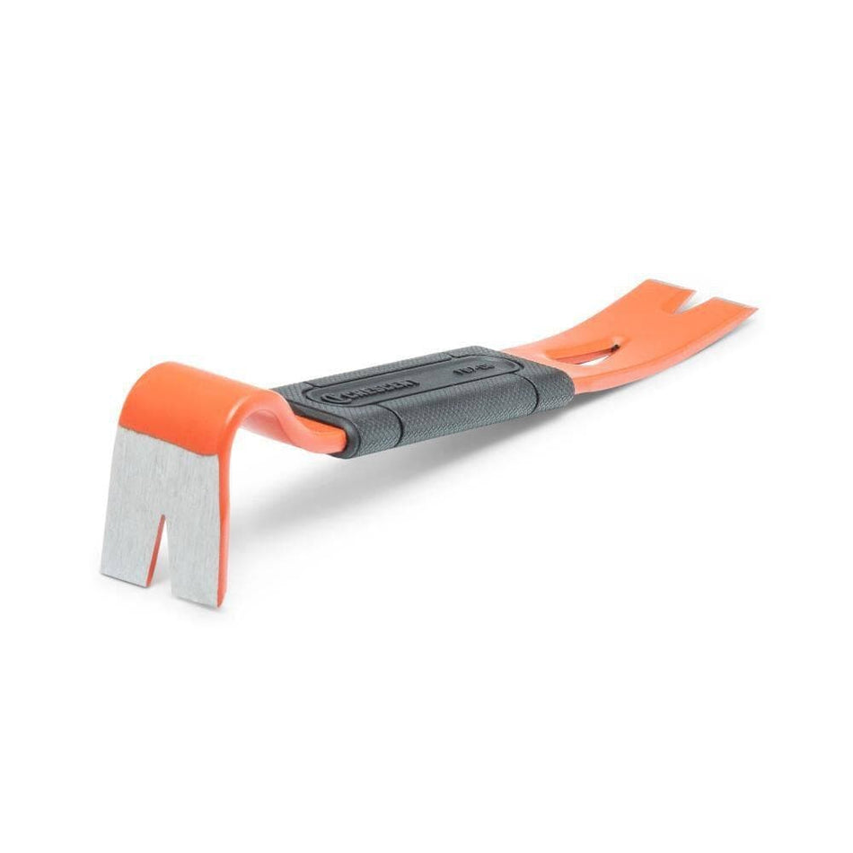 Angled studio view of the Crescent FB7-06 7-inch flat pry bar featuring a high-visibility orange finish, a black over-molded comfort grip, and a precision-ground gooseneck prying end.