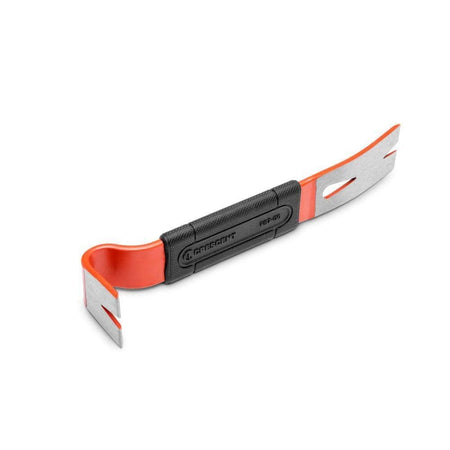 Top-down view of the Crescent 7-inch forged alloy steel wrecking bar highlighting the slim flat profile, dual-material handle, and beveled nail puller slots on both ends.