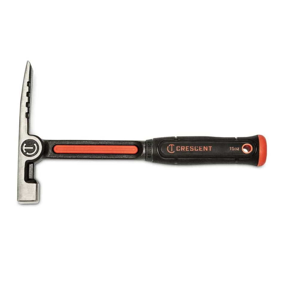 A full profile view of the Crescent CHSBK15 15 oz brick hammer featuring a forged alloy steel head with a traditional smooth striking face and a specialized chisel blade on a durable steel handle with an ergonomic black and orange textured grip.