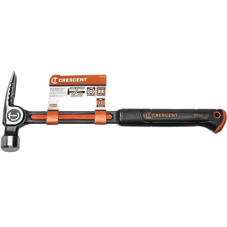 A full side view of the Crescent CHSFRS22-06 22oz steel smooth face framing hammer in retail packaging, featuring a forged alloy head and ergonomic VibeGuard vibration reduction handle.