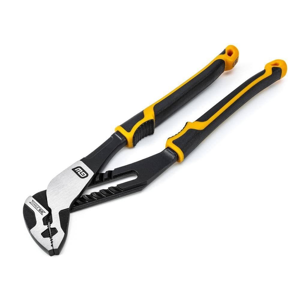 A studio shot of the GearWrench PITBULL K9 10-inch straight jaw tongue and groove pliers featuring professional black and yellow dual-material ergonomic grips and industrial-strength forged alloy steel construction.