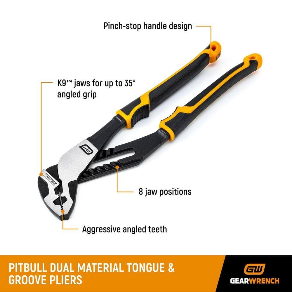 An informative product graphic of the GearWrench PITBULL pliers highlighting the K9 jaws for up to 35-degree angled grip, eight jaw adjustment positions, aggressive hardened teeth, and a safety pinch-stop handle design.