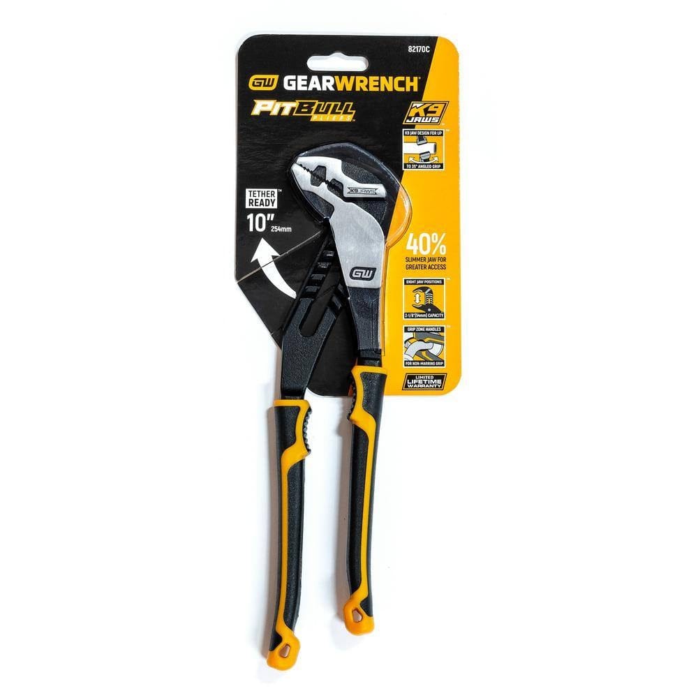 A professional retail-ready view of the GearWrench 82170C pliers on its original carded packaging, featuring technical icons for its 10-inch length, tether-ready handle, and 40 percent slimmer jaw design.