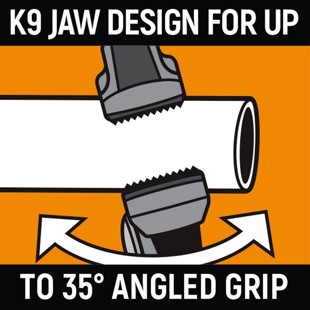 An application diagram illustrating how the specialized K9 jaw design facilitates a secure 35-degree angled grip on round pipes and industrial fasteners.