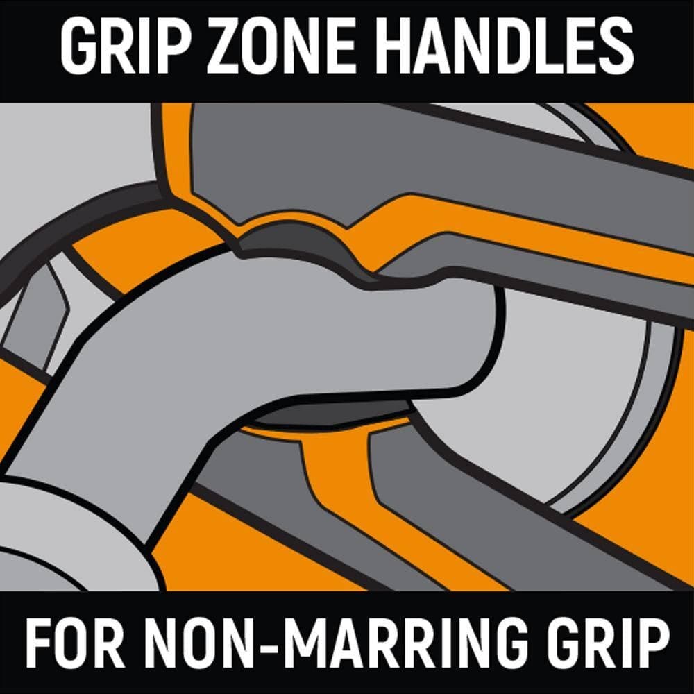 A close-up graphic of the ergonomic GearWrench handles, highlighting the yellow Grip Zone sections designed for a secure, non-marring grip during heavy-duty use.