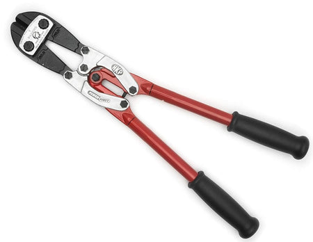 Top-down product shot of the 18-inch PowerPivot bolt cutter with red handles and black comfort grips, displayed against a white background.
