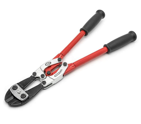 Angled studio view of the Crescent H.K. Porter 18-inch bolt cutters fully open, showcasing the heavy-duty tubular steel handles and the "HKP" logo on the cutting head.