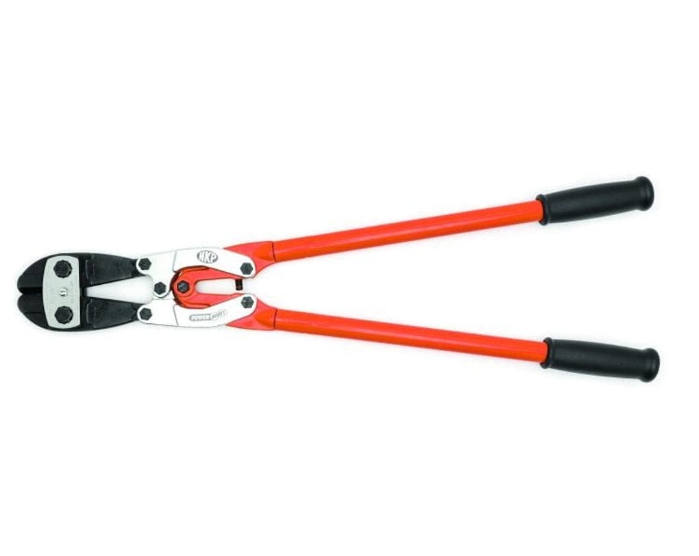 Top-down studio view of the Crescent H.K. Porter 30 inch PowerPivot bolt cutter with red tubular steel handles opened, showing the compound action head
