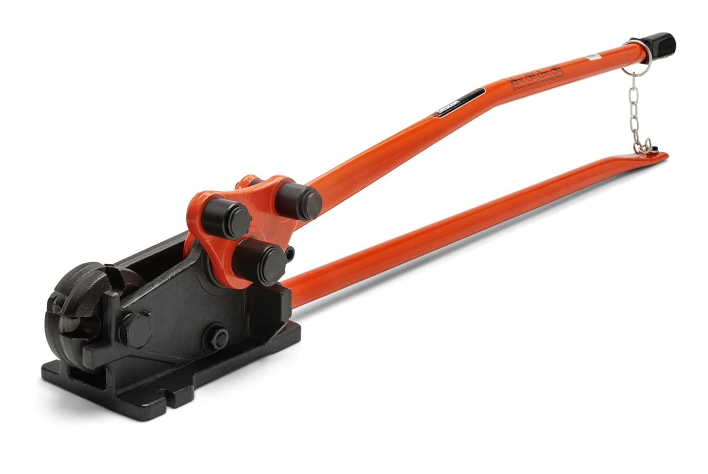 A three-quarter studio shot of the Crescent H.K. Porter 0590RBJN rebar cutter and bender, showing the long orange handle and the black cutting head.A three-quarter studio shot of the Crescent H.K. Porter 0590RBJN rebar cutter and bender, showing the long orange handle and the black cutting head.