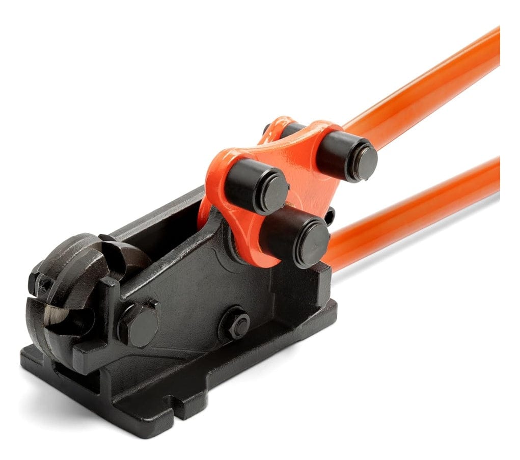 A detailed close-up studio shot of the black cutting head and mounting base of the H.K. Porter 0590RBJN rebar cutter and bender.