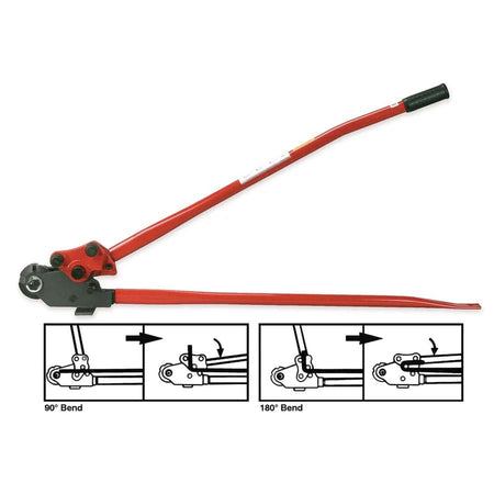 A marketing image showing a profile of the rebar bender, with two diagrams below it illustrating how to make a 90-degree bend and a 180-degree bend.