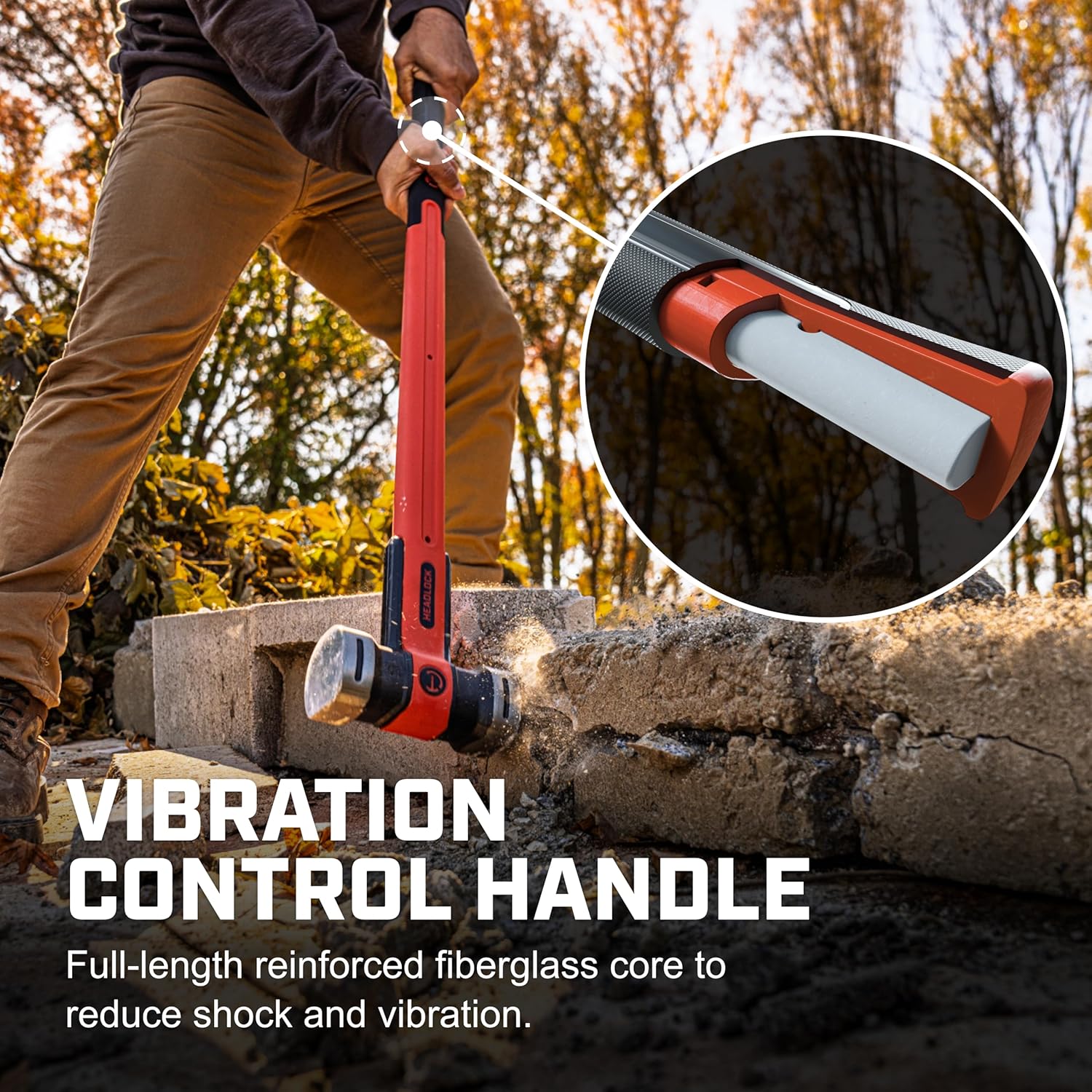 A functional application view with a cutaway graphic of the handle, illustrating the full-length reinforced fiberglass core engineered for superior vibration control and maximum shock reduction during heavy-duty construction use.