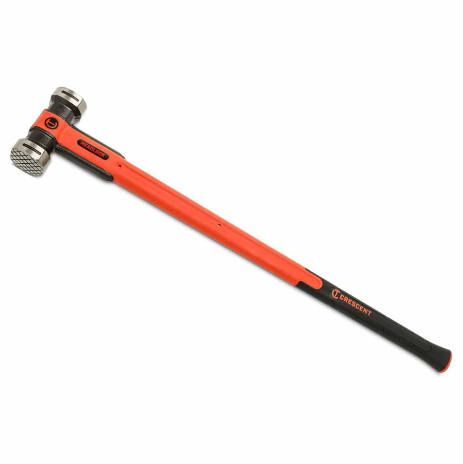 A professional studio product shot of the Crescent HEADLOCK 16lb heavy-duty sledgehammer featuring a high-visibility rawhide orange and black 36-inch fiberglass handle and a precision-forged steel head.