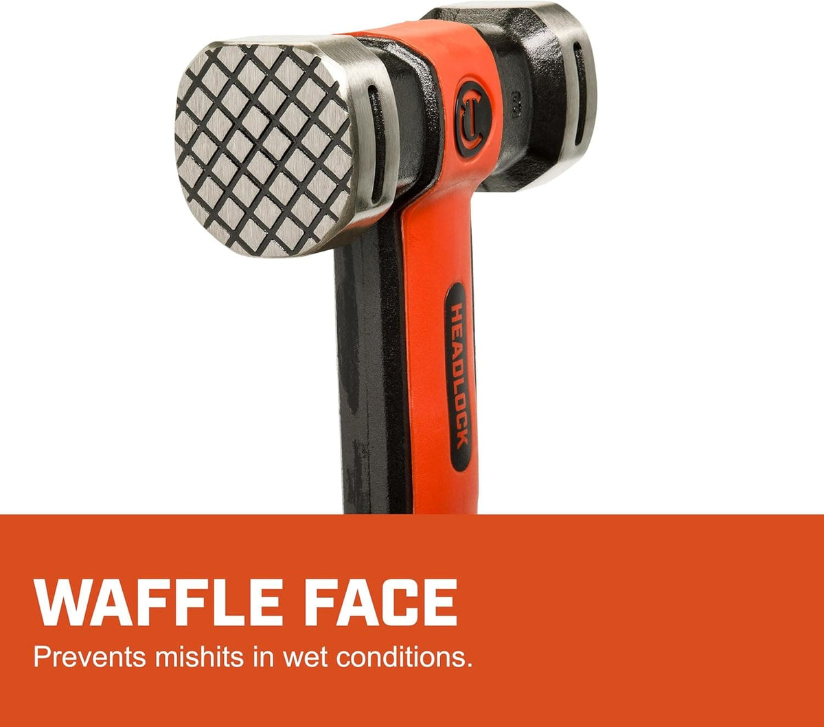 A detailed close-up of the dual striking faces on the 16lb sledgehammer head, highlighting the specialized waffle face designed to provide maximum grip and prevent slipping when striking in wet or industrial environments.
