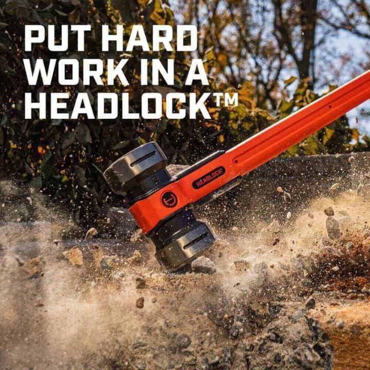 A high-impact action shot of the Crescent HEADLOCK sledgehammer striking a concrete block, demonstrating the tool's power and durability with the marketing slogan Put Hard Work in a HEADLOCK.