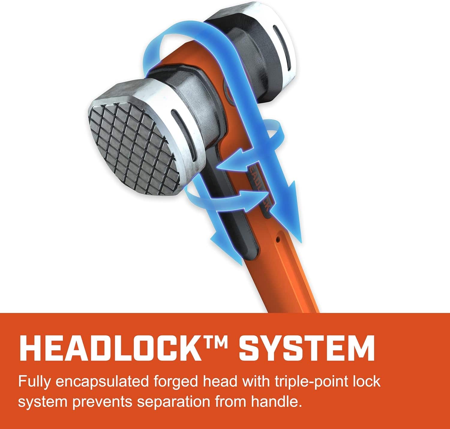 A technical 3D graphic demonstrating the HEADLOCK triple-point lock system, showing how the fully encapsulated forged head is secured to the handle to prevent separation during high-impact demolition work.