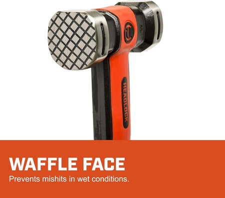 A detailed close-up of the dual-face sledgehammer head, highlighting the specialized waffle face designed to provide maximum grip and prevent slipping when striking in wet or industrial conditions.