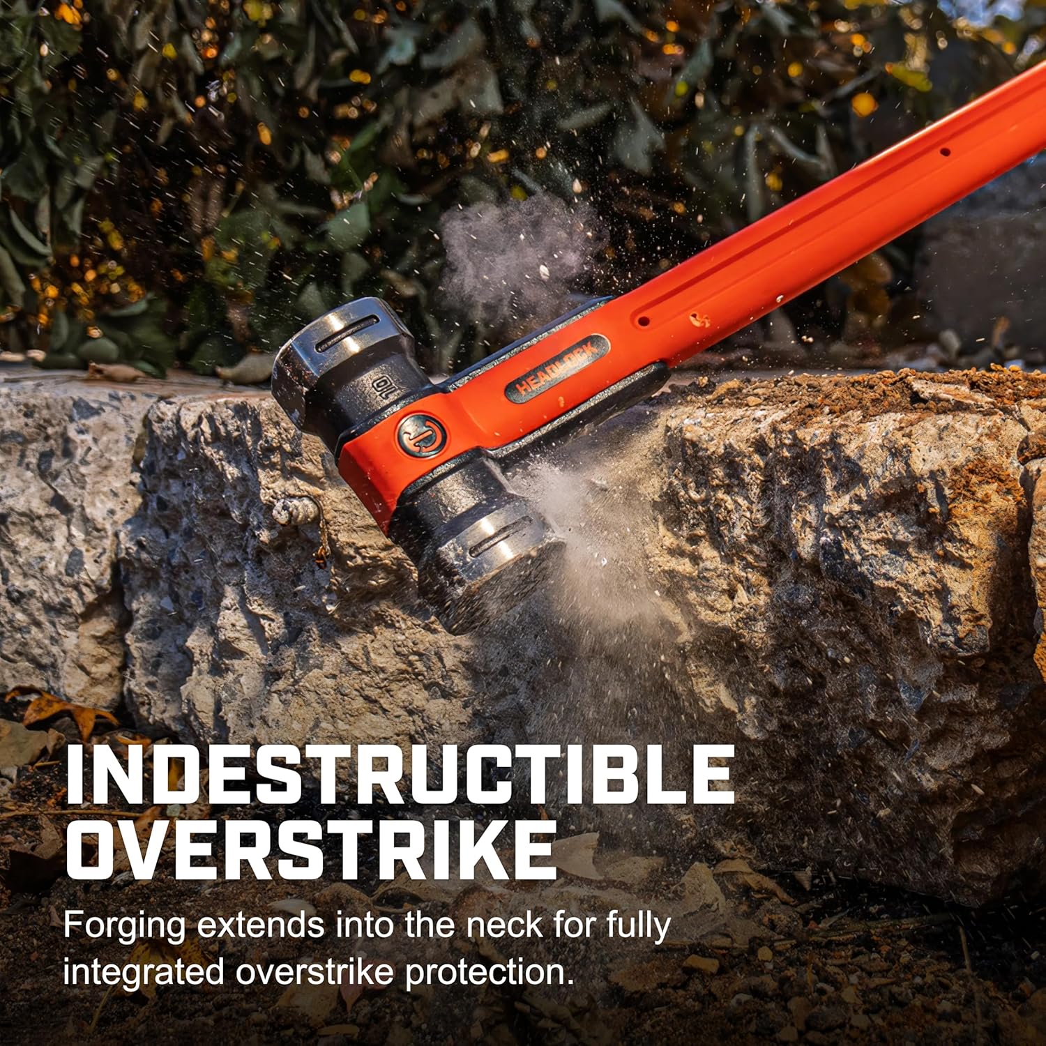 An action shot showcasing the indestructible overstrike protection, where the integrated steel forging extends into the neck of the handle to shield against damage from common mishits.