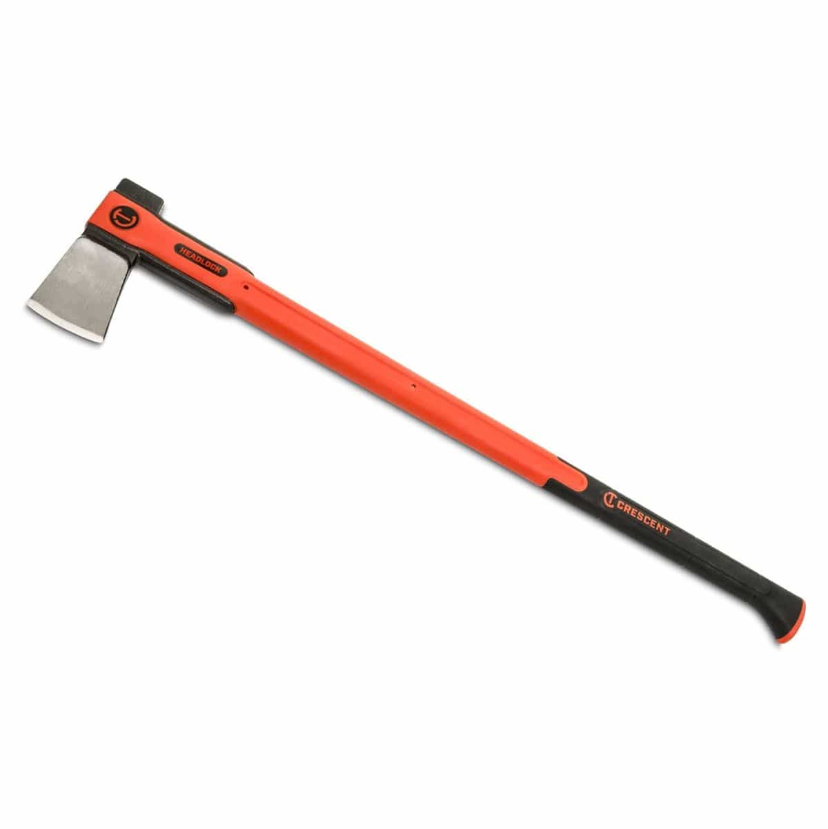 A professional studio product shot of the Crescent HEADLOCK 6 lb splitting axe featuring a high-visibility rawhide orange and black 36-inch fiberglass handle and a precision-forged steel splitting head.