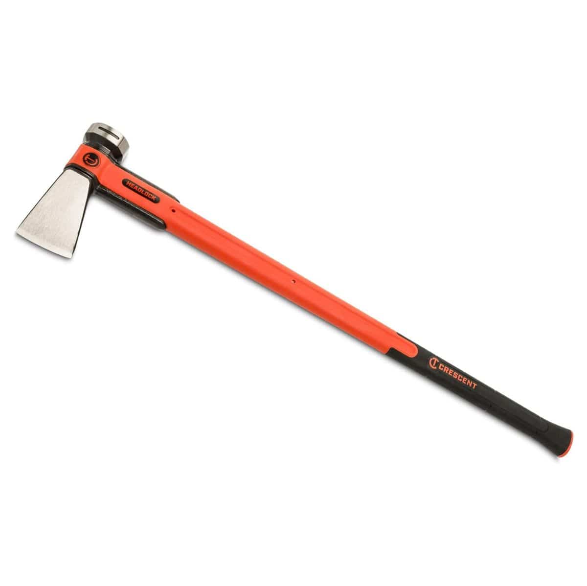 A professional studio product shot of the Crescent HEADLOCK 8 lb splitting maul featuring a high-visibility rawhide orange and black 36-inch fiberglass handle and a precision-forged steel maul head with a black oxide finish.