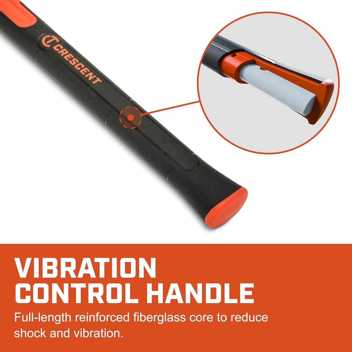 A functional application view with a cutaway graphic of the handle, illustrating the full-length reinforced fiberglass core engineered for superior vibration control and significant shock reduction during heavy-duty wood splitting.