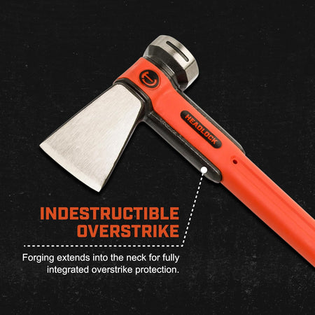 A detailed close-up showcasing the indestructible overstrike protection, where the integrated steel forging extends down the handle neck to shield against damage and breakage from accidental overstrikes.