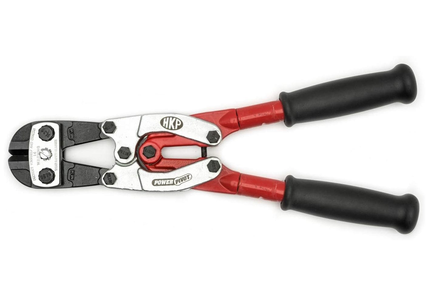 A full-view studio shot of the Crescent H.K. Porter 1490MCP 14-inch industrial bolt cutter featuring red tubular steel handles and the patented PowerPivot double compound action mechanism.