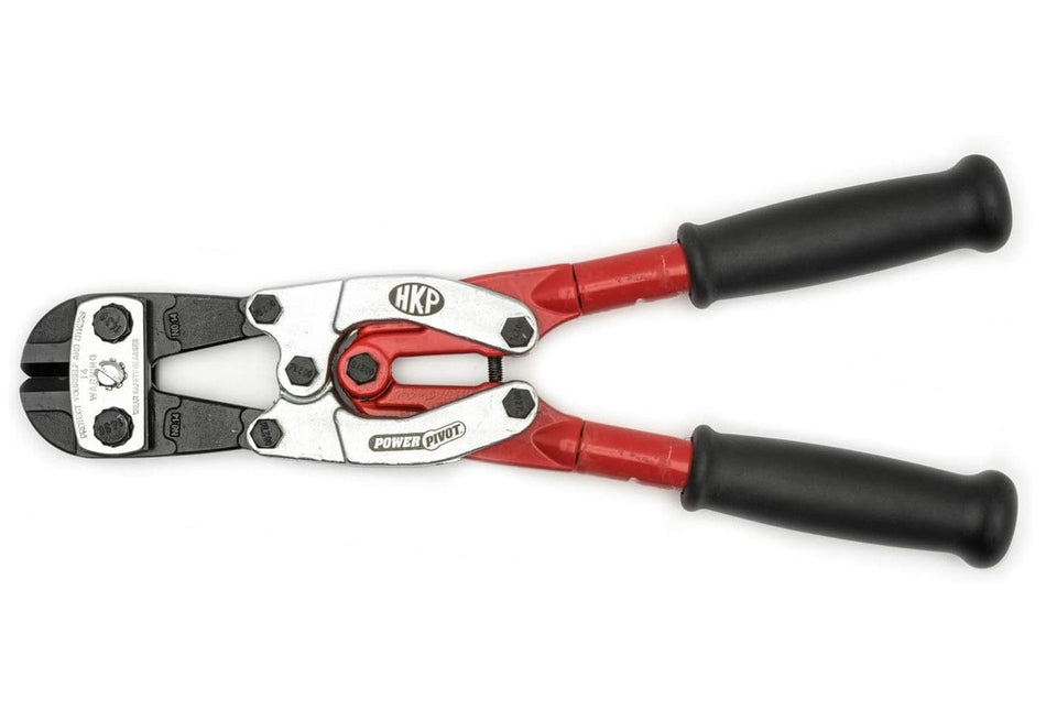 A full-view studio shot of the Crescent H.K. Porter 1490MCP 14-inch industrial bolt cutter featuring red tubular steel handles and the patented PowerPivot double compound action mechanism.