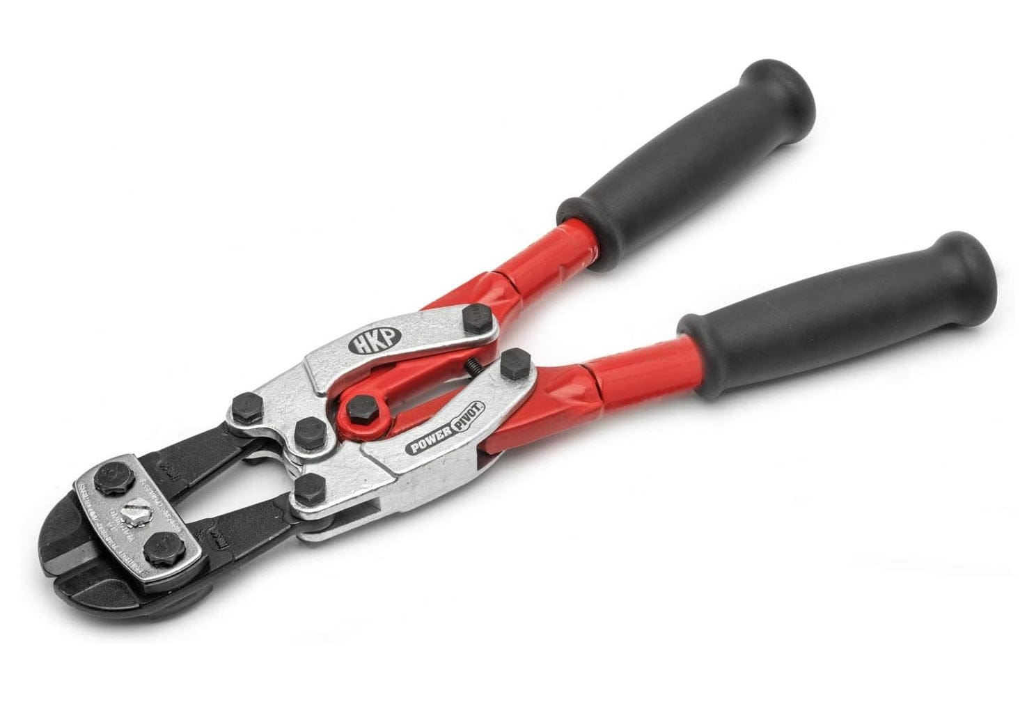 A perspective view of the Crescent H.K. Porter bolt cutter showcasing the precision-engineered center-cut blades and the robust silver double compound action joint designed for high-leverage industrial applications.