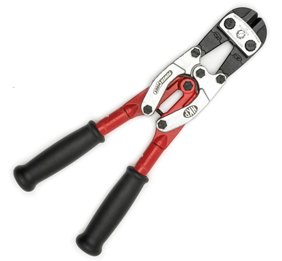 A top-down view of the 14-inch PowerPivot bolt cutter emphasizing the ergonomic black grips and the heavy-duty bolted construction of the cutting head for long-term durability.