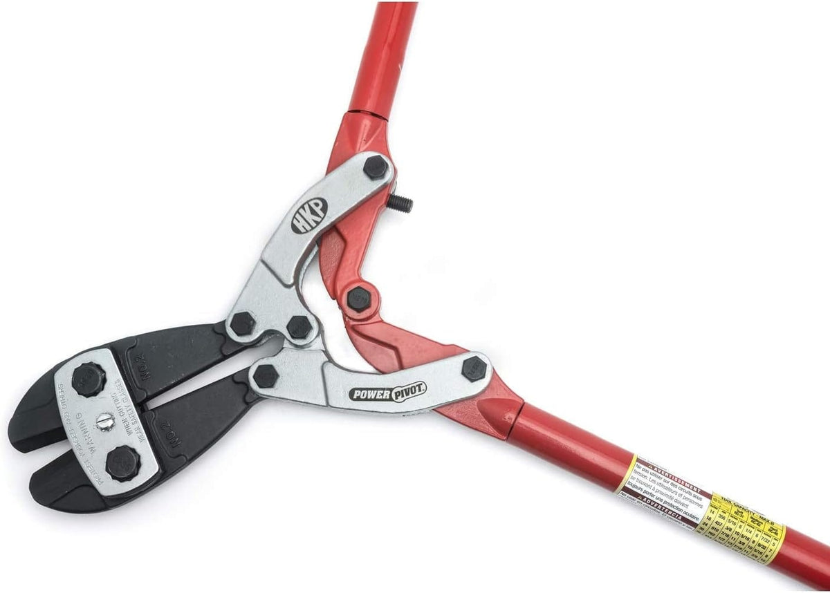 A close-up action shot of the Crescent H.K. Porter 1490MCP jaws in an open position, demonstrating the high-strength center-cut blade geometry and the PowerPivot linkage system.