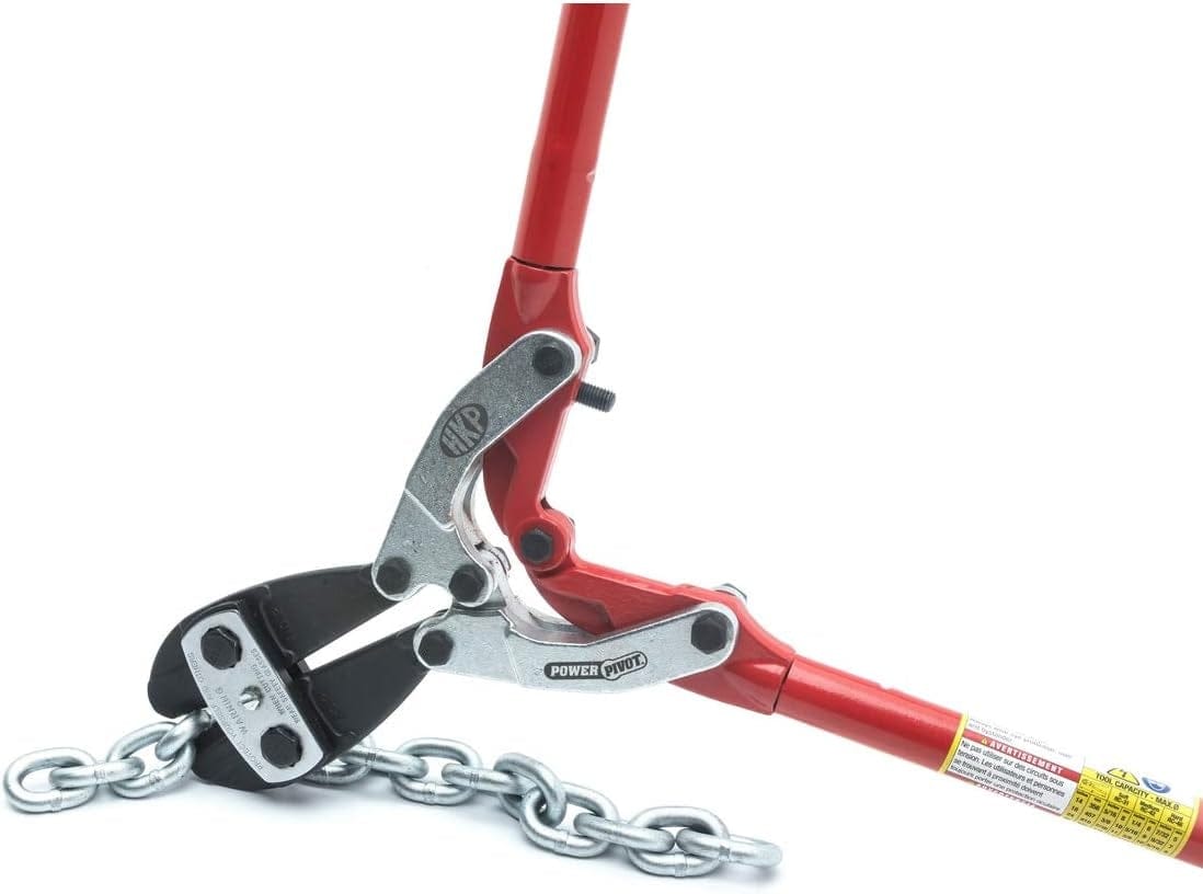 The Crescent H.K. Porter 1490MCP bolt cutter being used to cut through a heavy-duty steel chain, illustrating its high-leverage performance and industrial-grade cutting capacity.