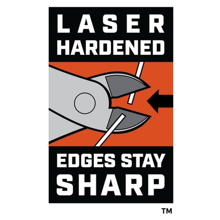 A marketing graphic for Crescent H.K. Porter tools featuring a laser-hardened icon and the text Edges Stay Sharp, emphasizing the durability and wear resistance of the induction-hardened blades.