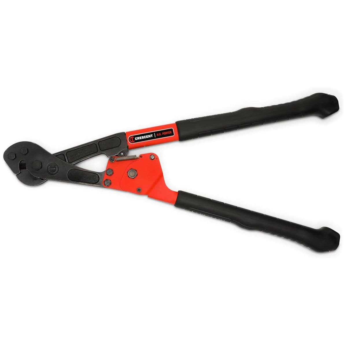 A top-down studio product photograph of the Crescent H.K. Porter 28-inch ratcheting guy strand cutter, showcasing its black shear-cut blade jaw, red-painted heavy-duty ratcheting mechanism plate, and long steel handles with black rubber textured grips.