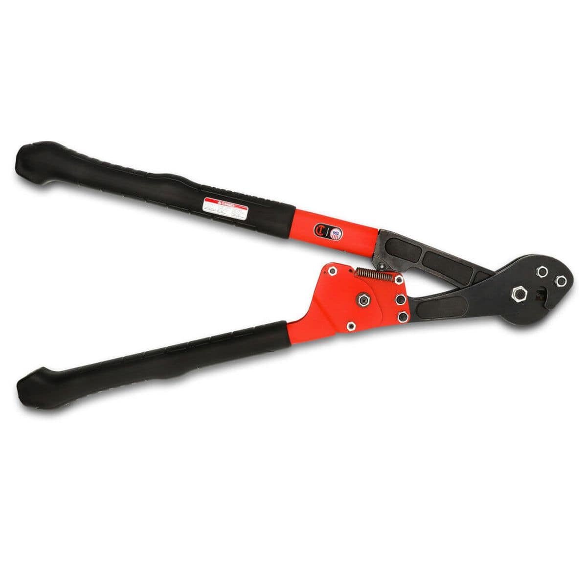 A flat-lay product layout view of the reverse side of the 28-inch mechanical rod and wire cutter, highlighting the heavy pivot bolts on the rear shear jaw, clean assembly pins on the red ratcheting link plate, and product safety warning labels affixed to the red steel handles.
