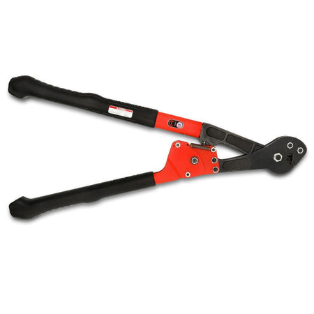 A flat-lay product layout view of the reverse side of the 28-inch mechanical rod and wire cutter, highlighting the heavy pivot bolts on the rear shear jaw, clean assembly pins on the red ratcheting link plate, and product safety warning labels affixed to the red steel handles.