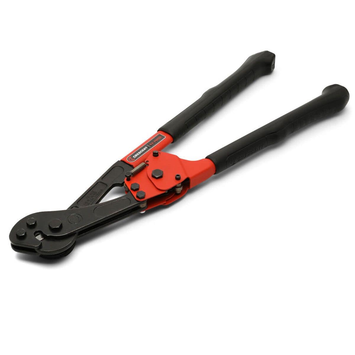 A low-angle studio perspective shot of the complete 8690CK ratcheting guy strand cutter, emphasizing the robust structural depth of its multi-layered carbon steel shear cutting head and link configuration.