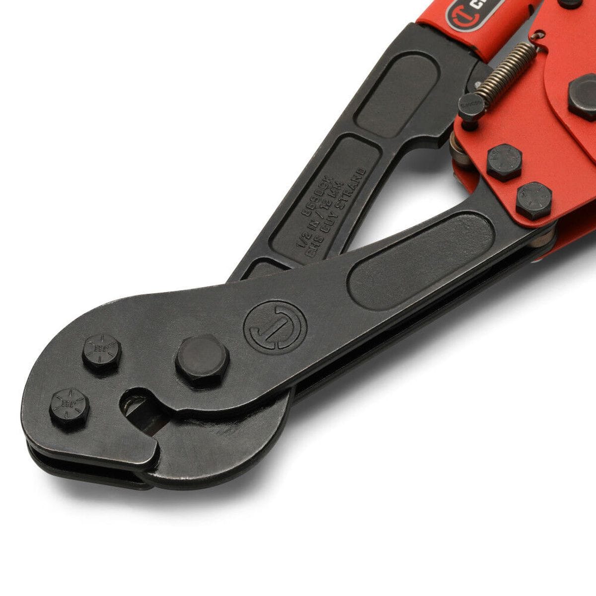 An extreme close-up photograph of the drop-forged shear-cut jaws, highlighting the debossed Crescent brand mark and stamped tool specifications indicating the 1/2 in. / 12 mm EHS guy strand structural material cutting capacity.