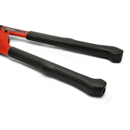 A close-up view of the long steel handles of the heavy-duty cutter, focusing on the textured black rubber slip-resistant contoured sleeve grips designed to maximize tradesman hand leverage.
