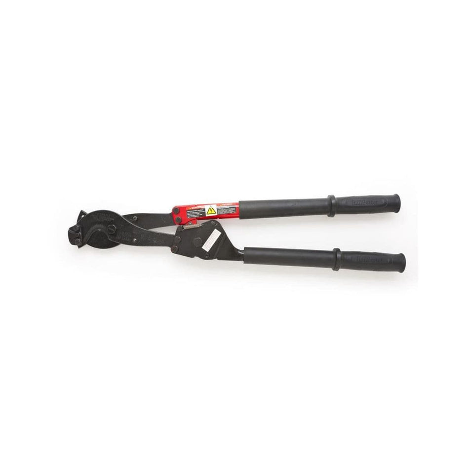 Profile view of the Crescent HK Porter ratcheting hard cable cutter showcasing the high-leverage 29-1/4 inch design and the integrated jaw keeper system built for cutting ACSR and ZEBRA electrical conductors.