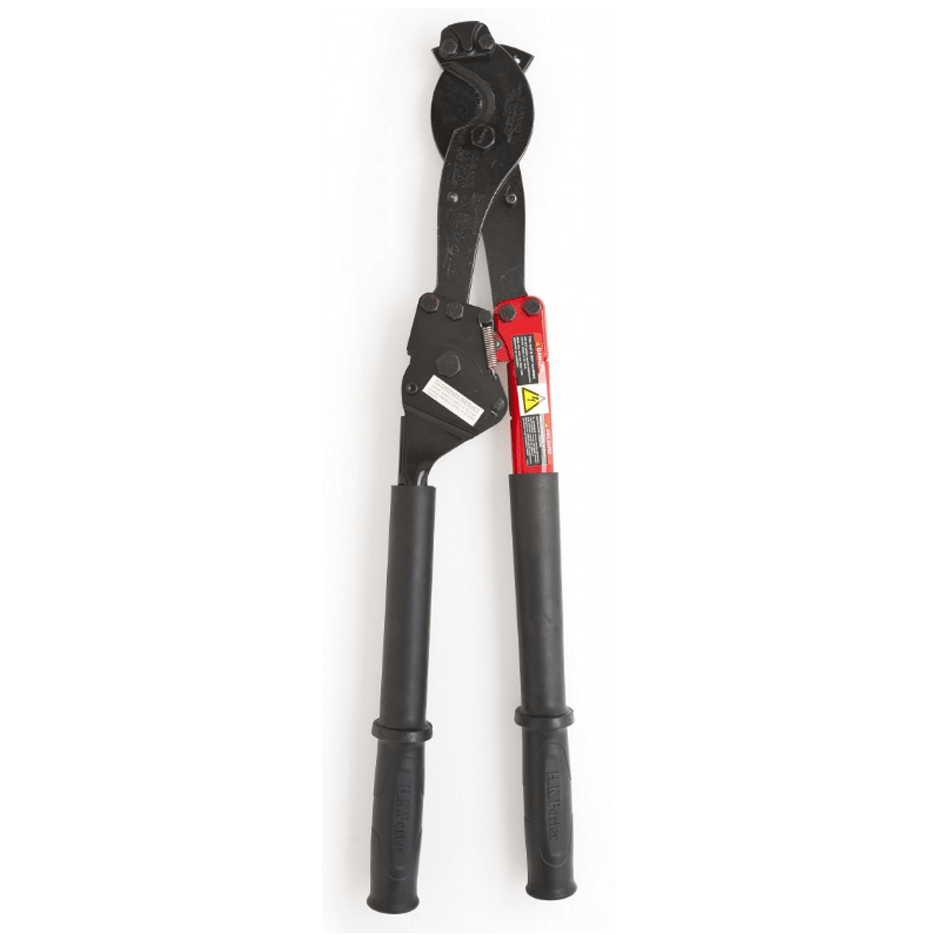 Vertical studio shot of the Crescent HK Porter 8690FH 29-1/4 inch ratcheting cable cutter featuring heavy-duty black oxide shear-cut jaws, a red reinforced handle, and ergonomic non-slip black grips for professional utility use.