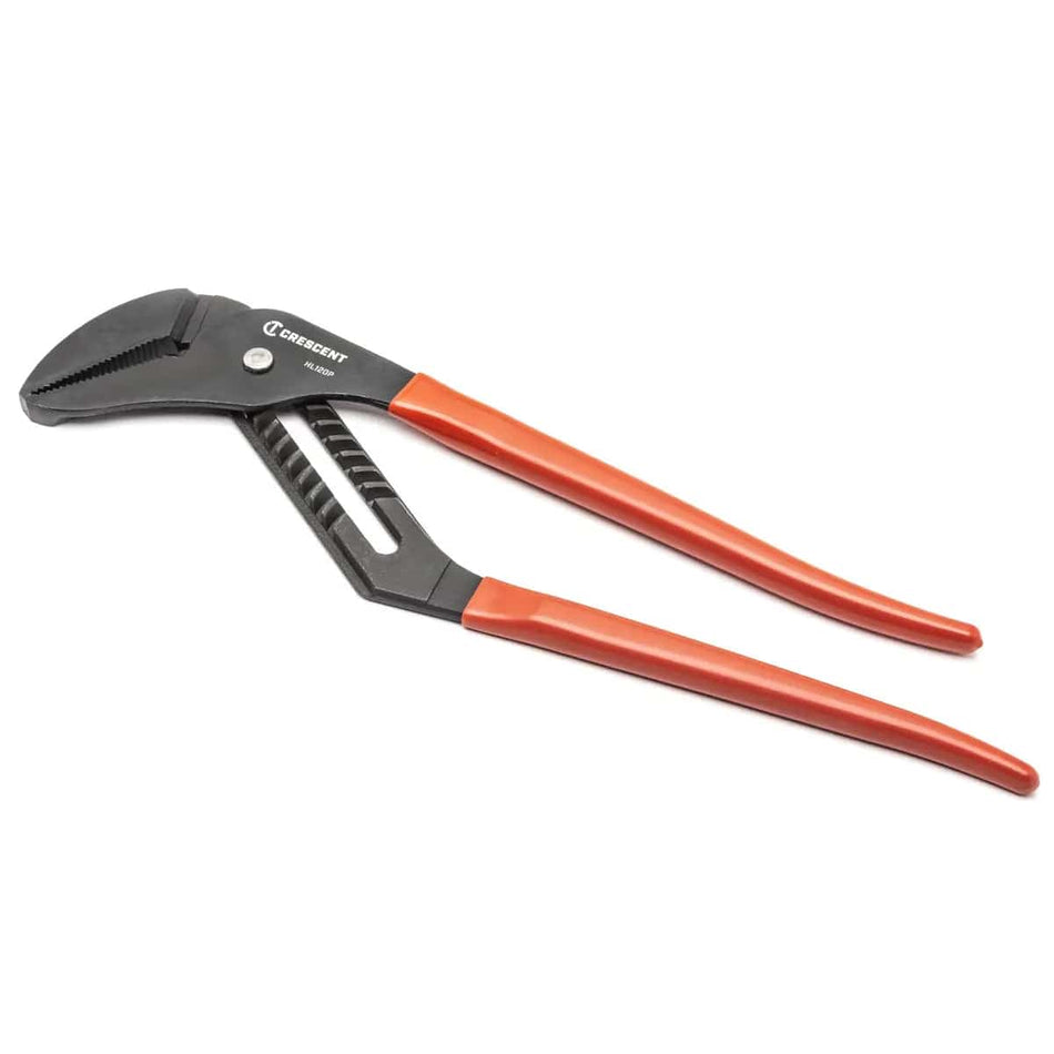 A full-length profile of the Crescent HL120PN 20-inch straight jaw tongue and groove pliers featuring a black forged alloy steel body and long handles with rawhide-colored plastic dipped grips for industrial leverage.
