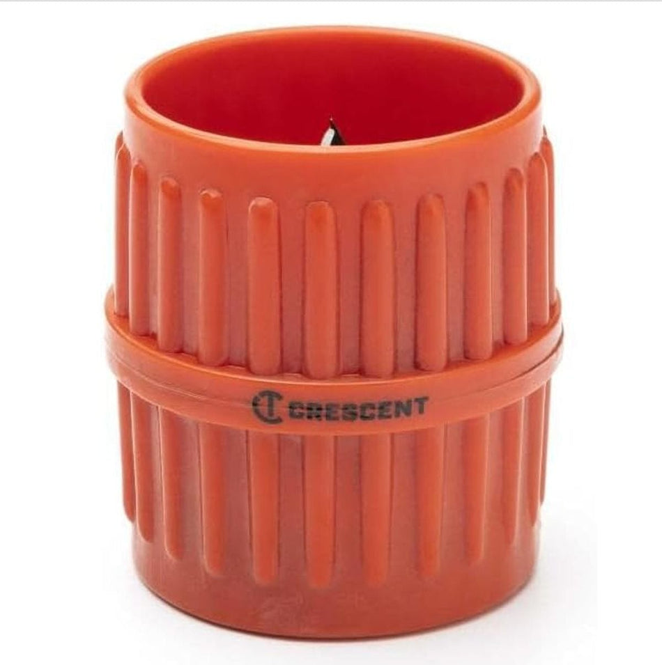 Crescent inner and outer pipe reamer showing ribbed exterior housing designed for secure grip during deburring.