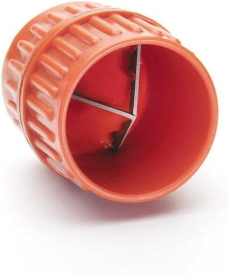 Tri-wing steel cutting blades inside Crescent pipe reamer engineered for simultaneous inside and outside burr removal.